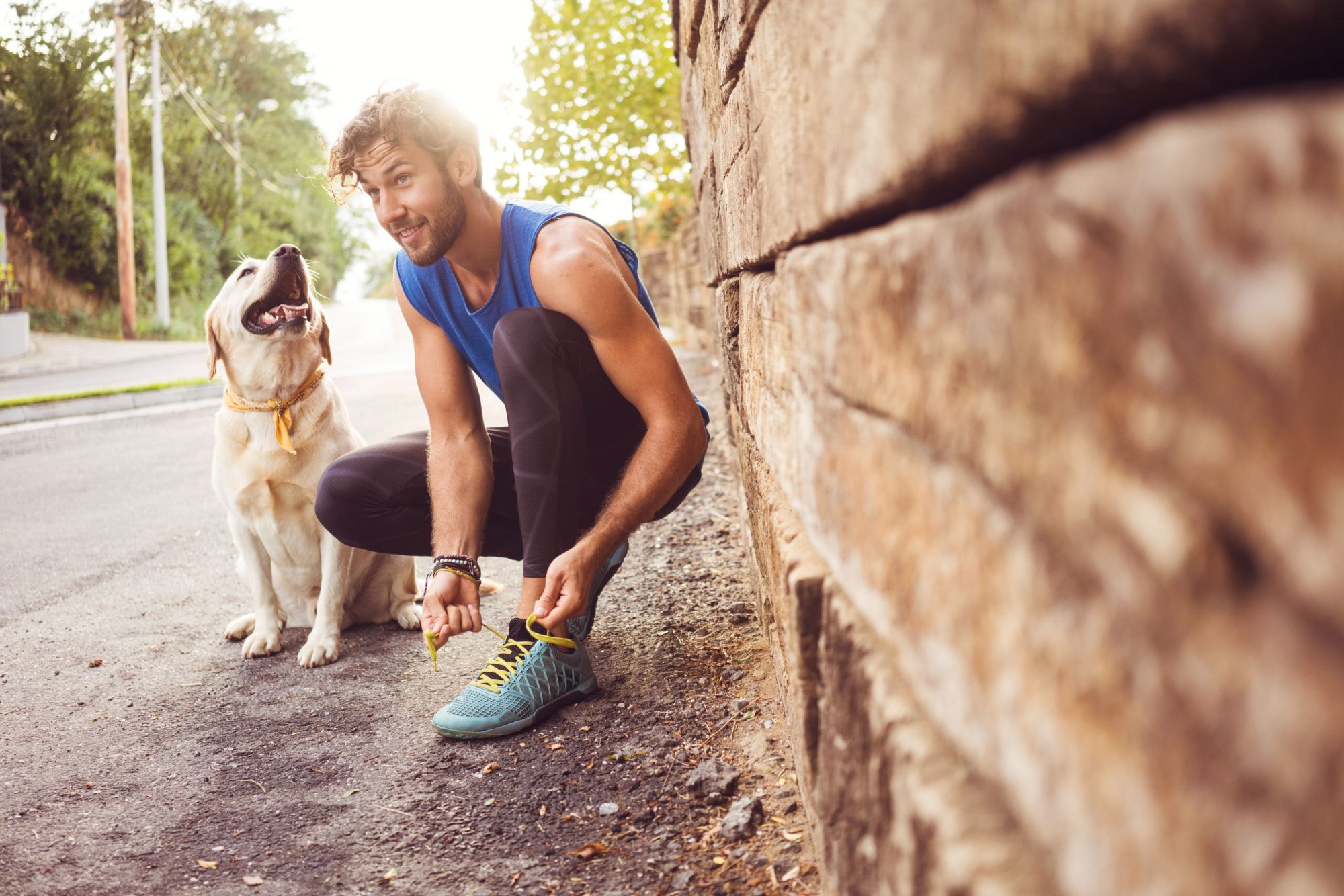 Dog exercising with owner.